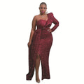 One shoulder sequin long dress with asymmetric skirt and puff sleeves in a solid colour