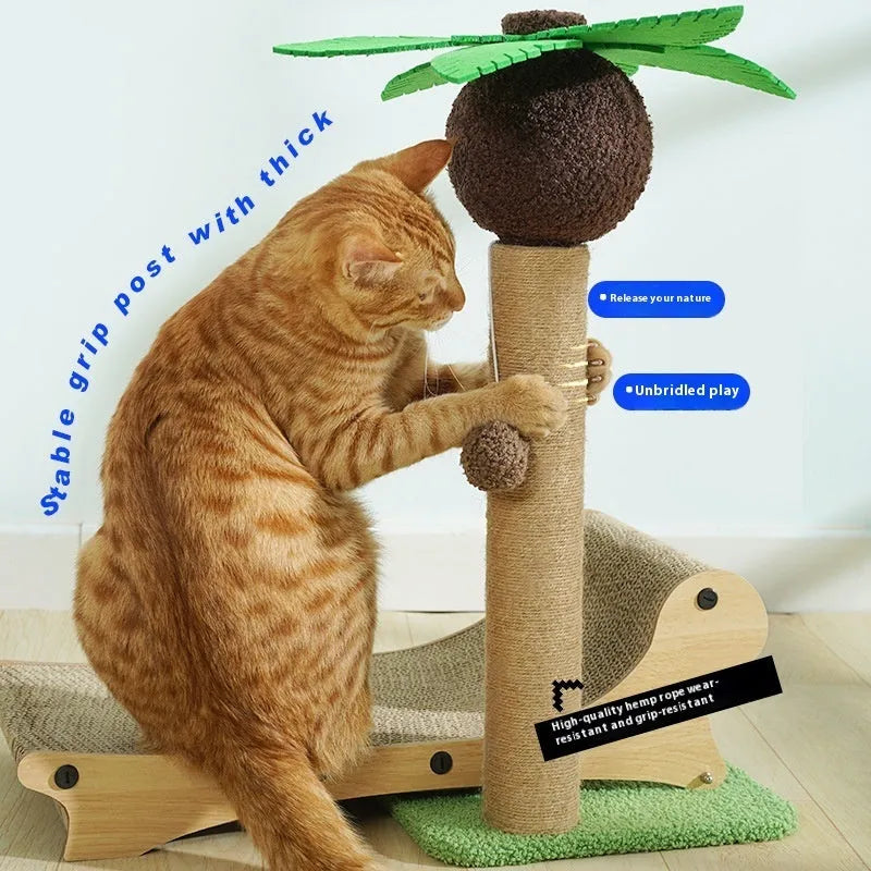 Wooden beach chair-shaped cat nest with a scratch board and woven hemp mat.