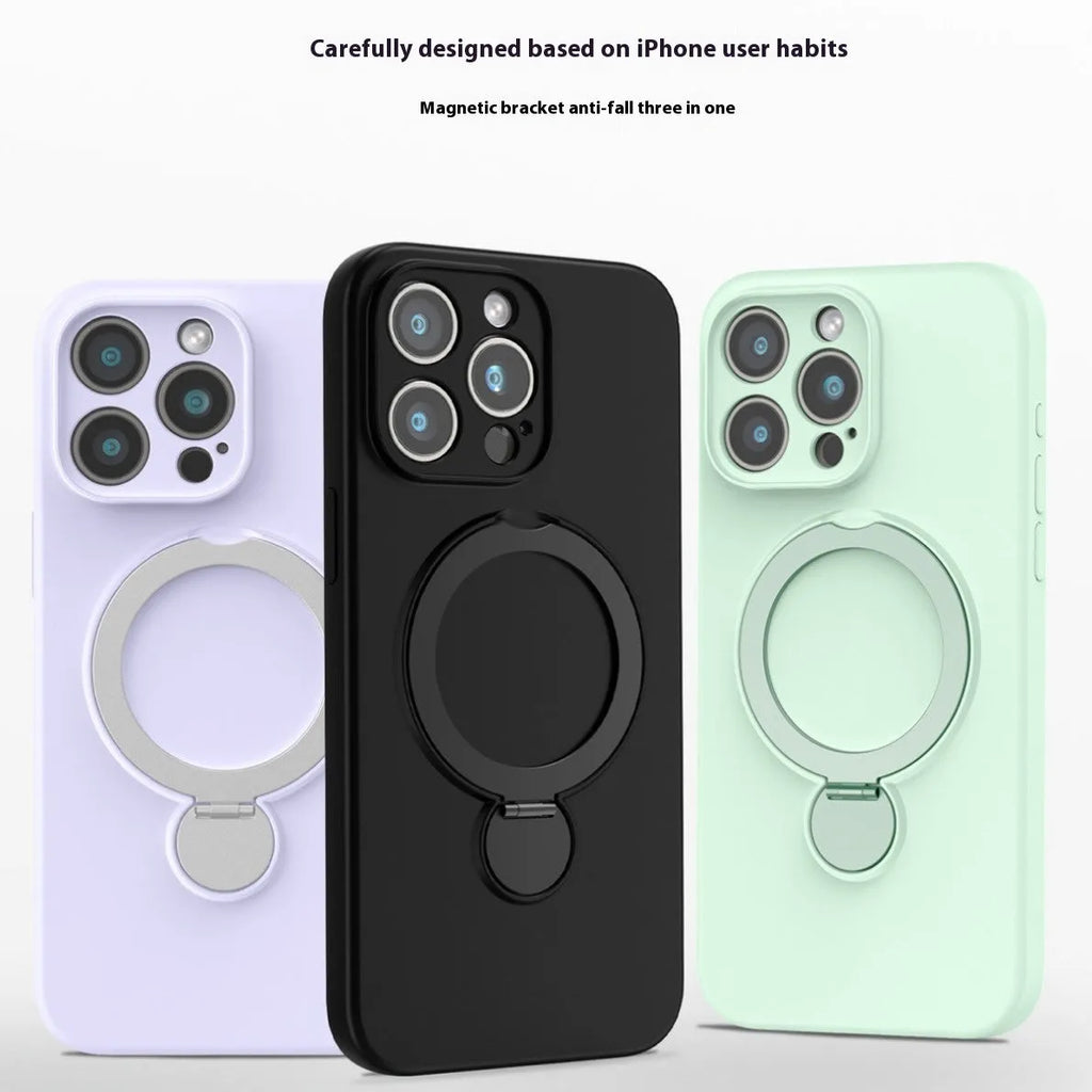 Liquid silicone magnetic bracket phone case for iPhone 14 Pro in Graphite Black showing back with stand and camera cutout