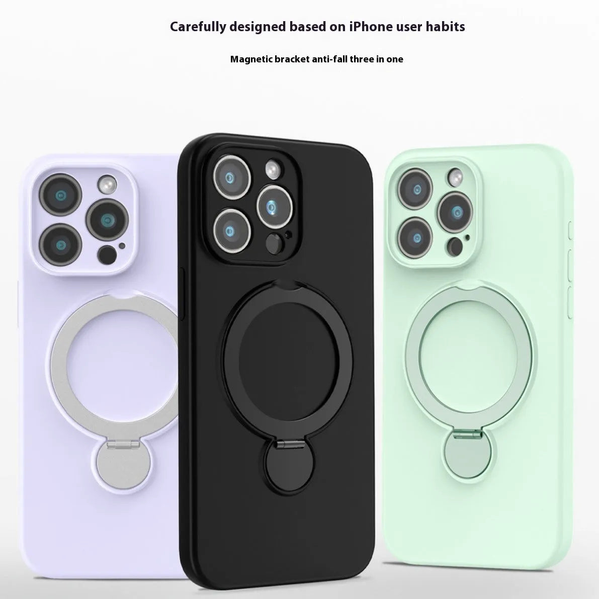 Liquid silicone magnetic bracket phone case for iPhone 14 Pro in Graphite Black showing back with stand and camera cutout