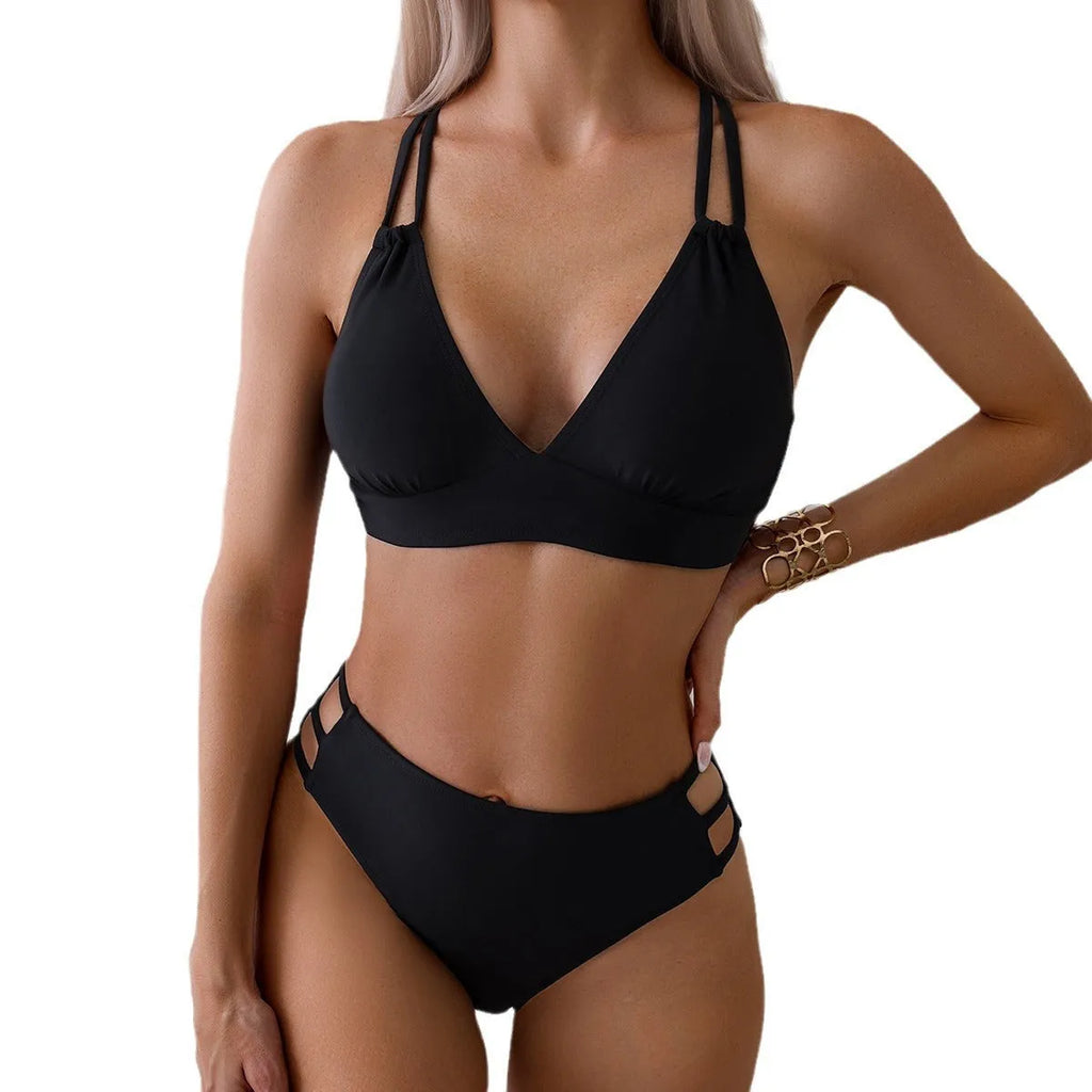 Women's halter bikini swimsuit with V-neck and adjustable straps in a solid colour.