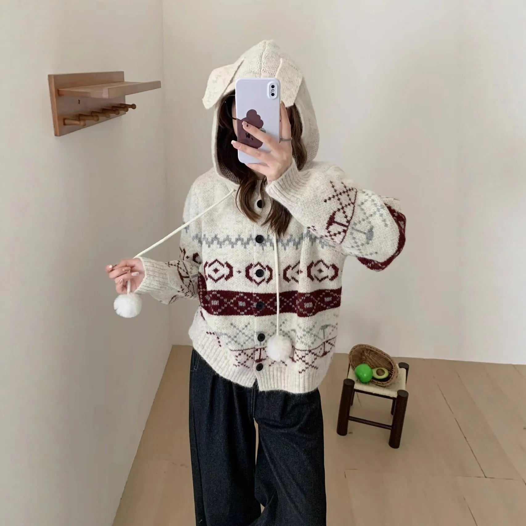 Milky white plus size women's coat with geometric brocade pattern and loose fit.