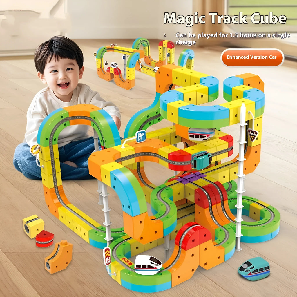 Children's educational track cube building blocks set 55 piece Basic Edition with plastic and electronic components USB charging