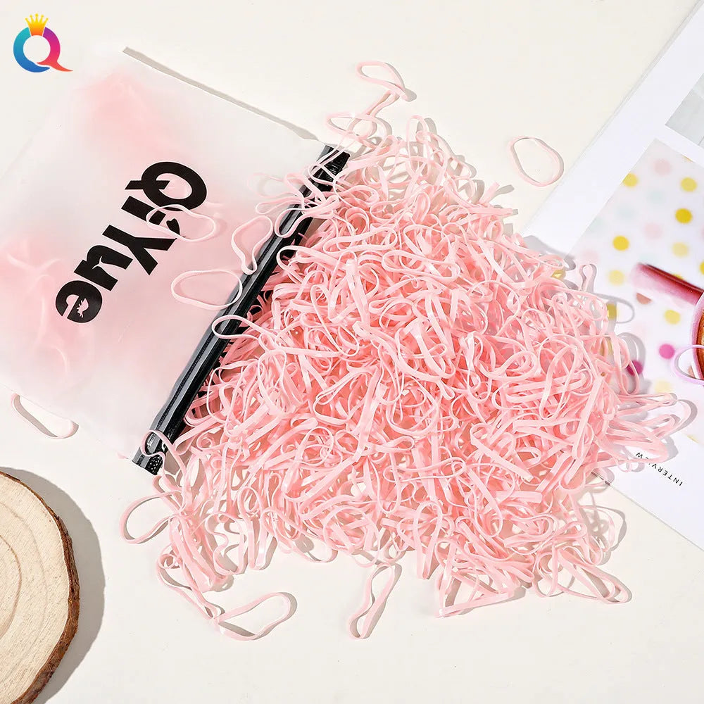 Children's disposable hair rubber bands 1000pcs strong pull cartoon design assorted colours deep coffee glittering powder grass green