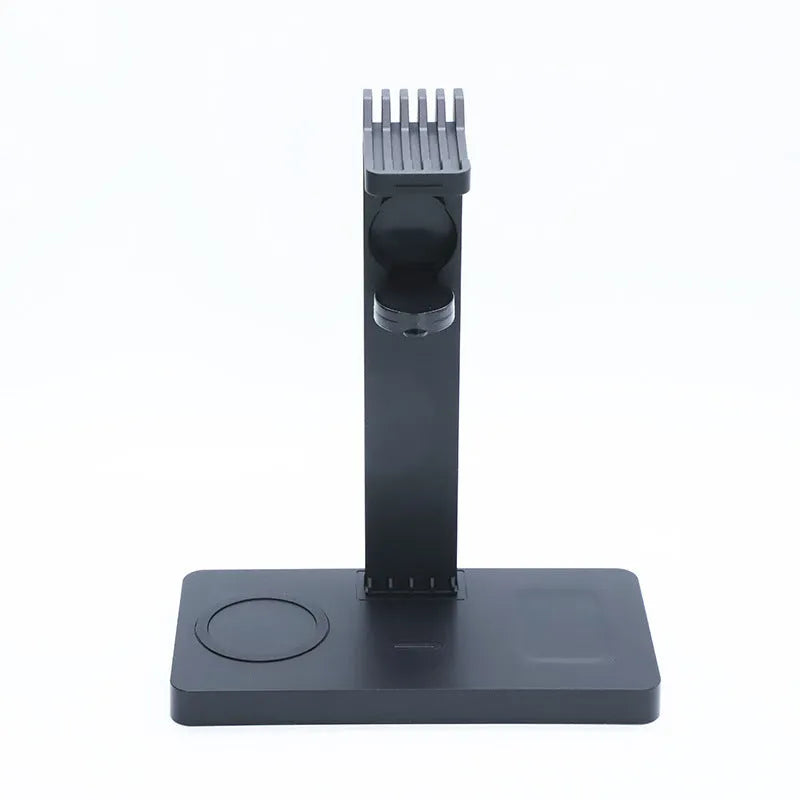 Black multi-device wireless charging station with smartphone, smartwatch, and headset connected