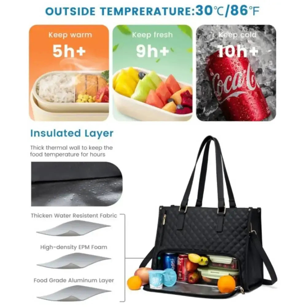 Women's insulated lunch bag in khaki colour with shoulder strap, 42x30x18cm leak-proof design