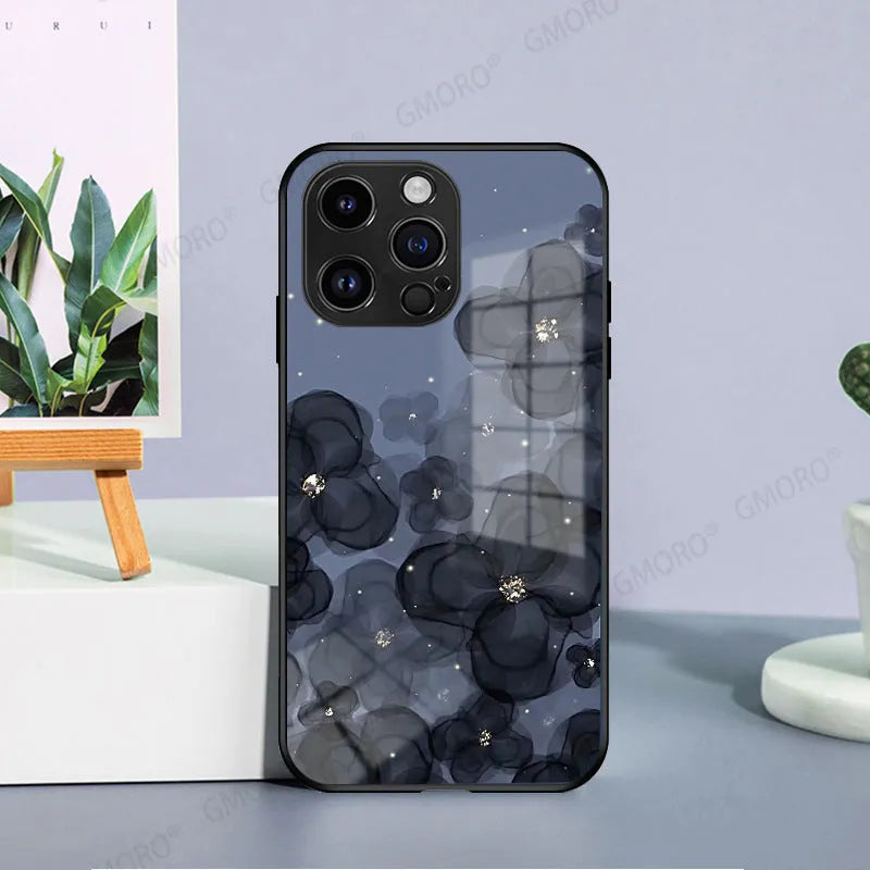 Flower glass phone case with UV coating, tulip and smiley face design, for iPhone