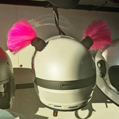 Pair of 8cm tall braided helmet decorations with non-marking adhesive, shown in multiple colour options.