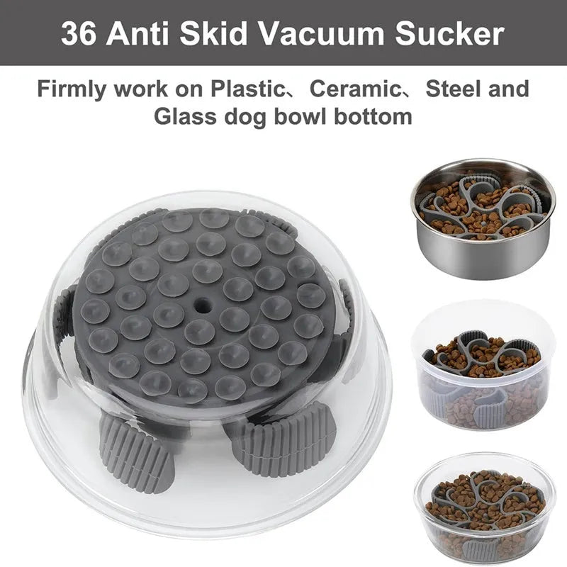 Red silicone dog slow feeder insert with spiral design and suction cups on base