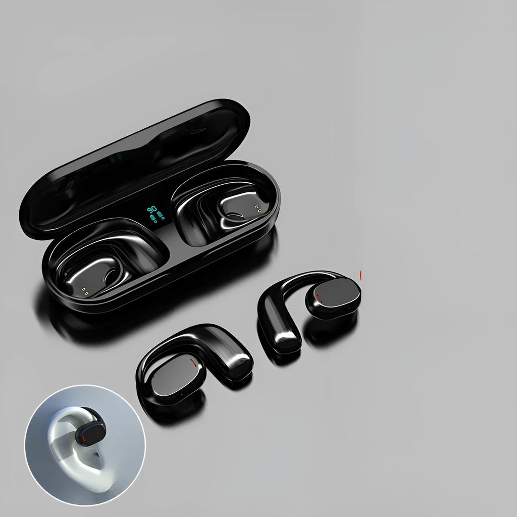 Earplug-type bilateral stereo Bluetooth headset with charging case in black or white colour options