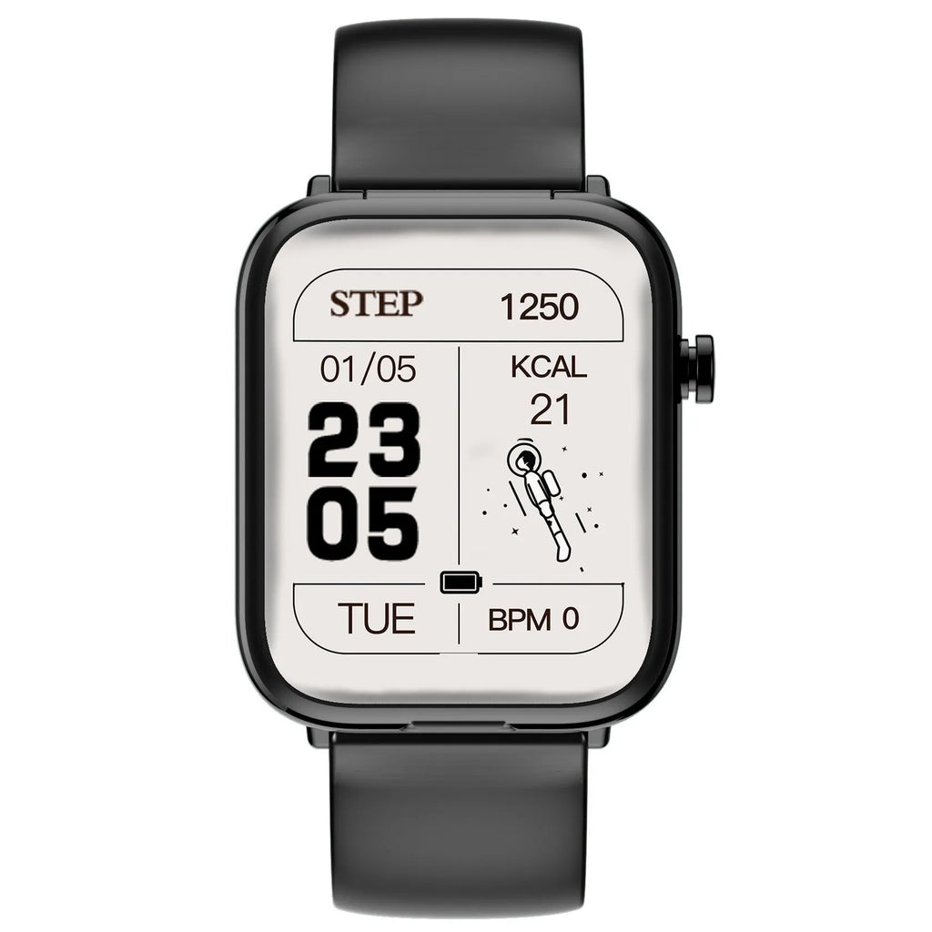 Black smartwatch with touch screen and zinc alloy body, shown with its magnetic charging case and USB cable.