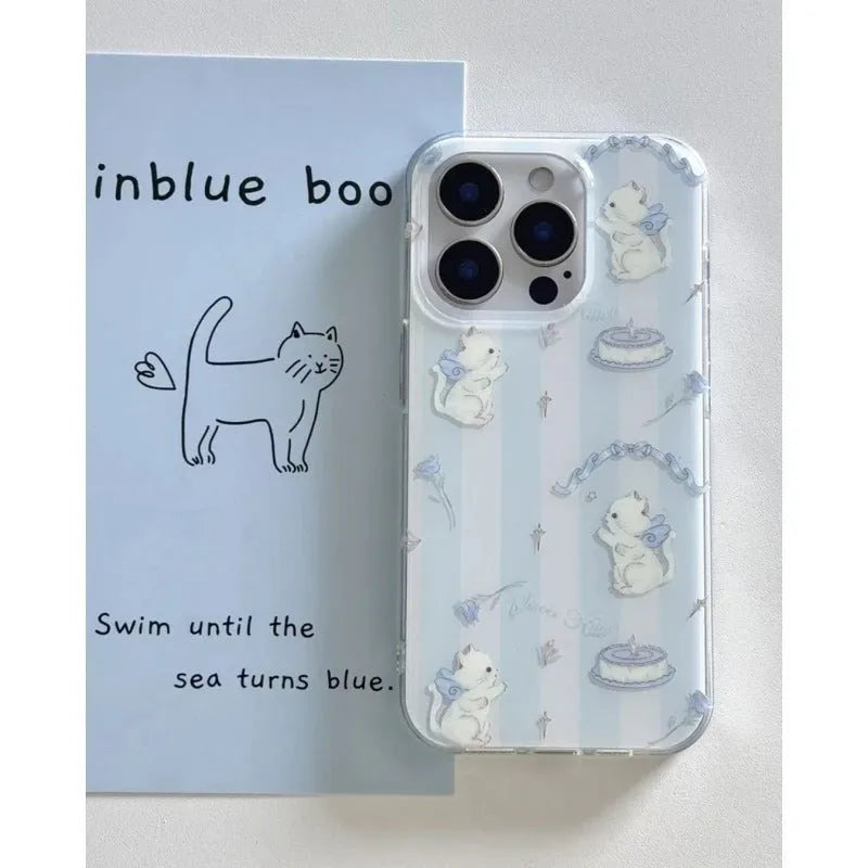 Blue and white striped PC cat lanyard phone case for Apple iPhone 11-16 series with fall protection