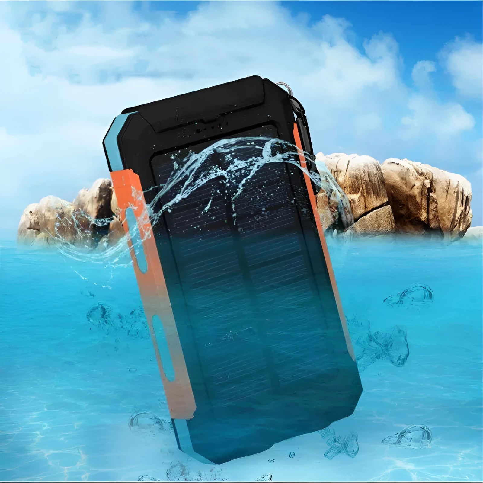 Black solar power bank with LED flashlight showing dimensions and charging ports