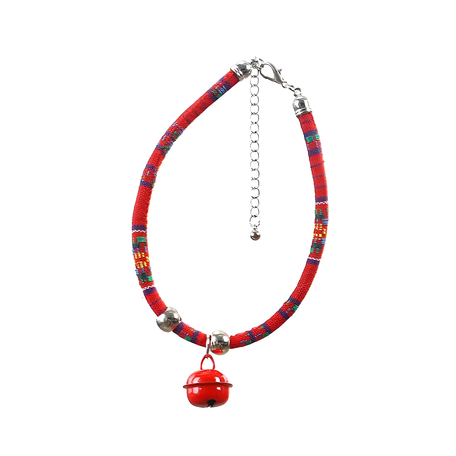 Coloured ethnic style pet collar with a metal bell on a cat or small dog