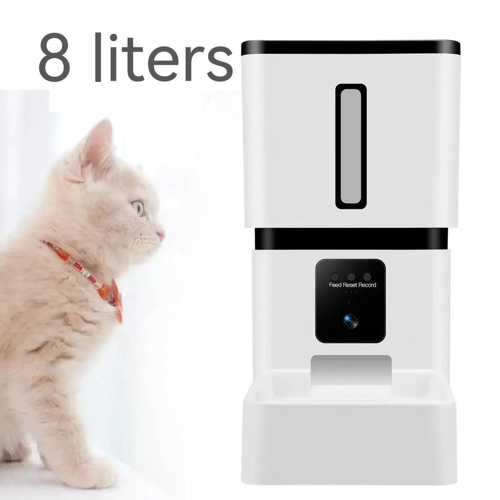 White smart pet feeder with 8L WiFi automatic timing for dogs and cats on a table