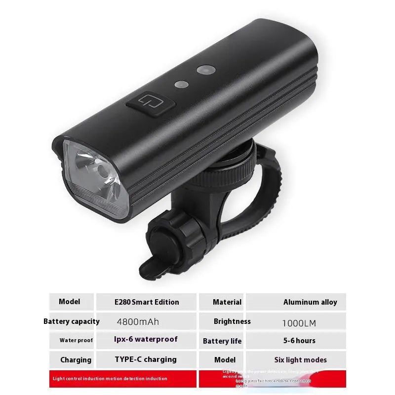 USB rechargeable bicycle headlight and taillight set with mounting bracket on a black background.