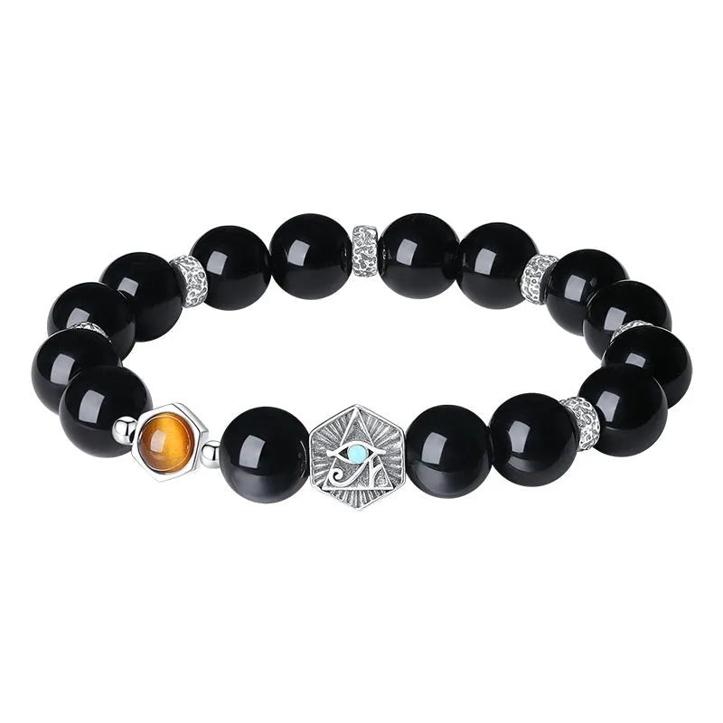 Men's geometric bracelet with obsidian God's Eye inlay set in sterling silver