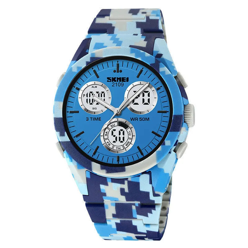 Electronic casual watch with digital display on a camouflage TPU strap, showing time and date.