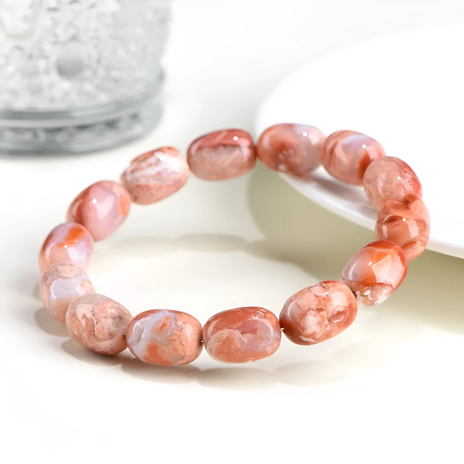 Natural cherry agate barrel bead bracelet with ruyi decorative elements
