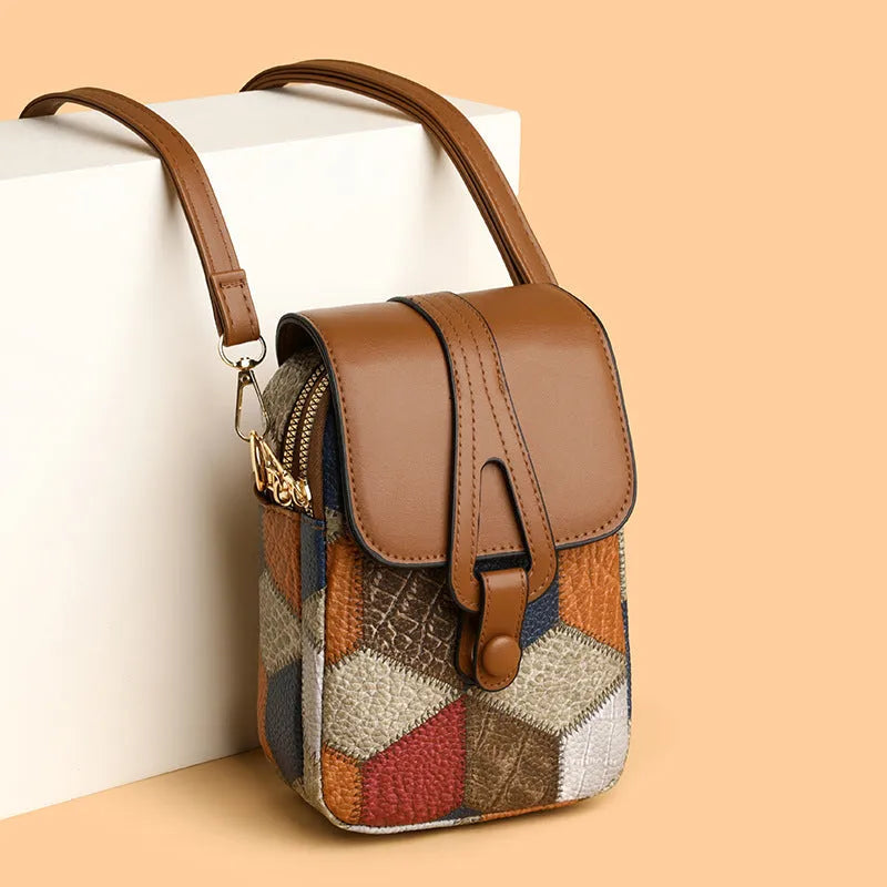 Urban Simplicity horizontal square PU leather crossbody pouch in irregular blue brown with single shoulder strap