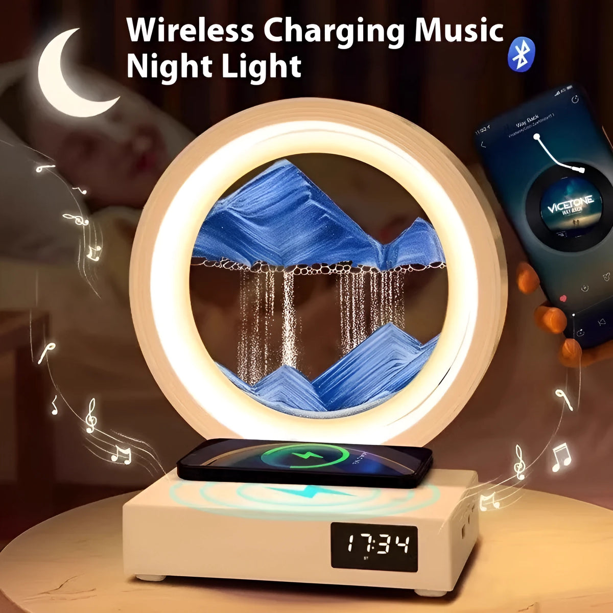 Quicksand painting clock night lamp with wireless charger and three-colour LED, available in multiple sand and frame colours