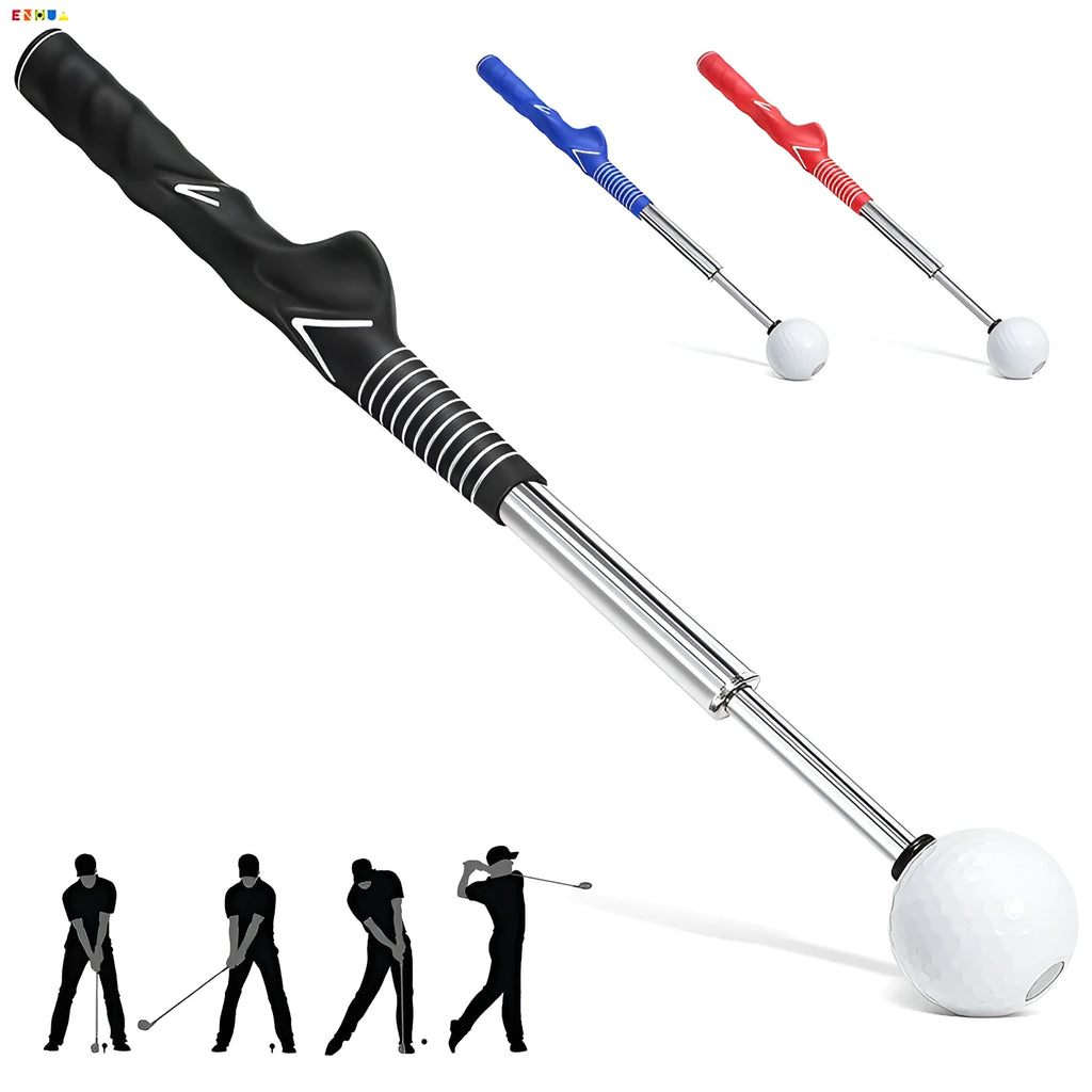 A telescopic golf swing trainer in stainless steel, shown extended for use.