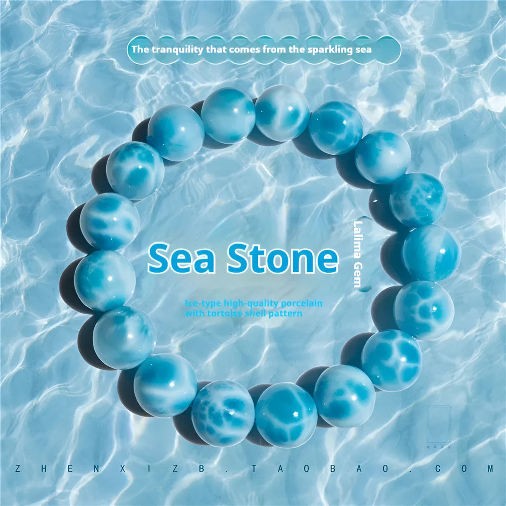 Blue handcrafted Bodhi bracelet with pearl accents, showing different bead size options.