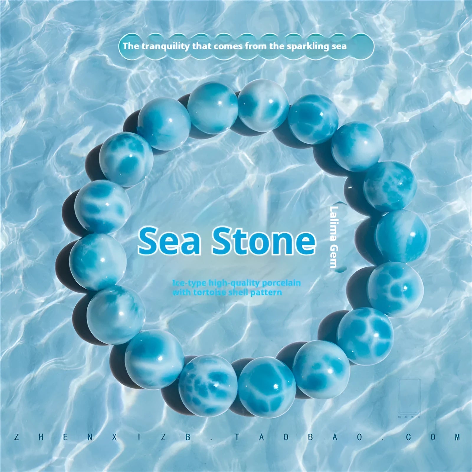 Blue handcrafted Bodhi bracelet with pearl accents, showing different bead size options.