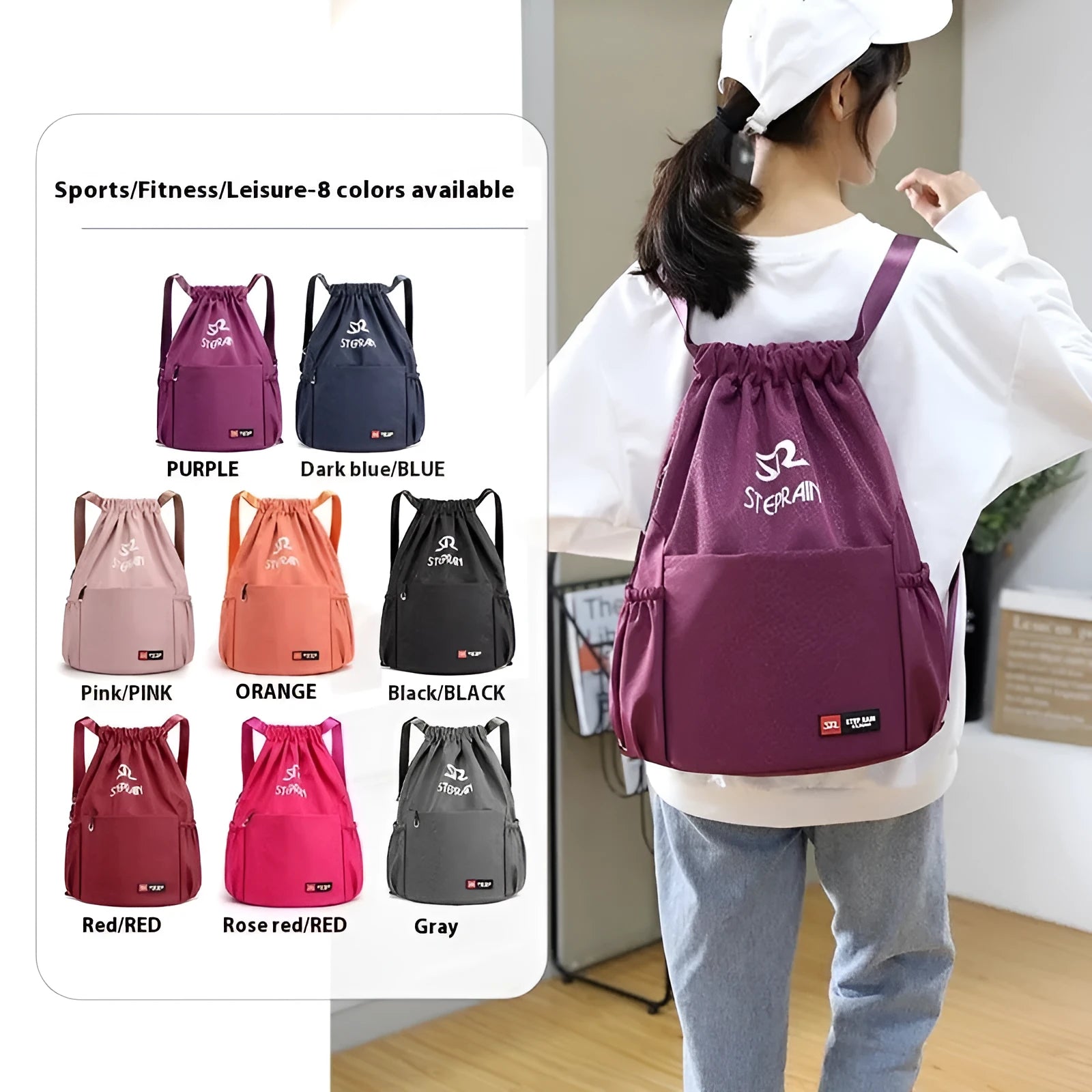 Solid colour lightweight Oxford cloth drawstring backpack with double-shoulder straps
