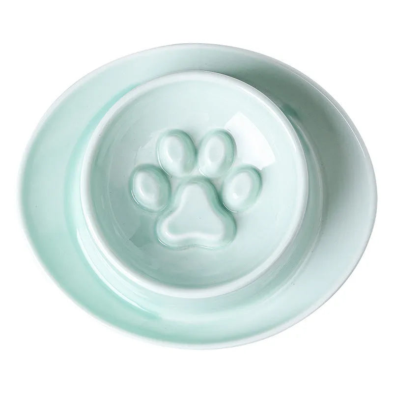 Ceramic anti-choking slow food pet bowl with neck protection in green colour