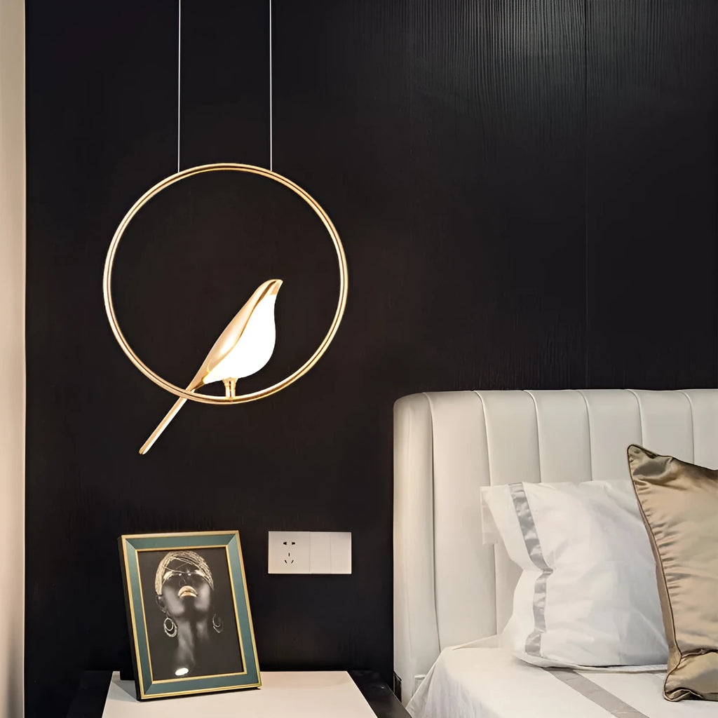 Modern linear magpie bird chandelier with zinc alloy frame and acrylic details, 150cm long.