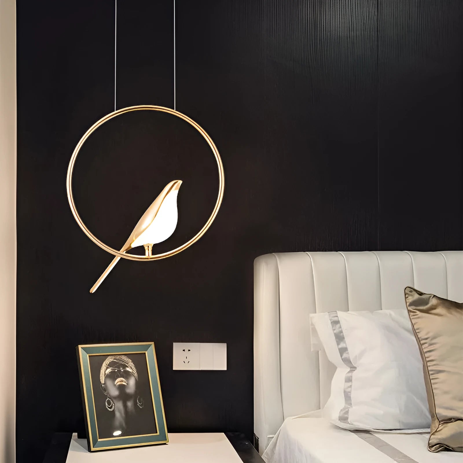 Modern linear magpie bird chandelier with zinc alloy frame and acrylic details, 150cm long.