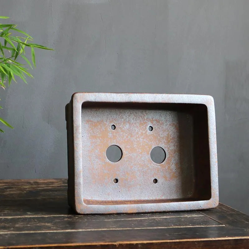 Rectangular purple sand bonsai pot with five-line pattern, shown with a pine tree, showcasing large and small size options.