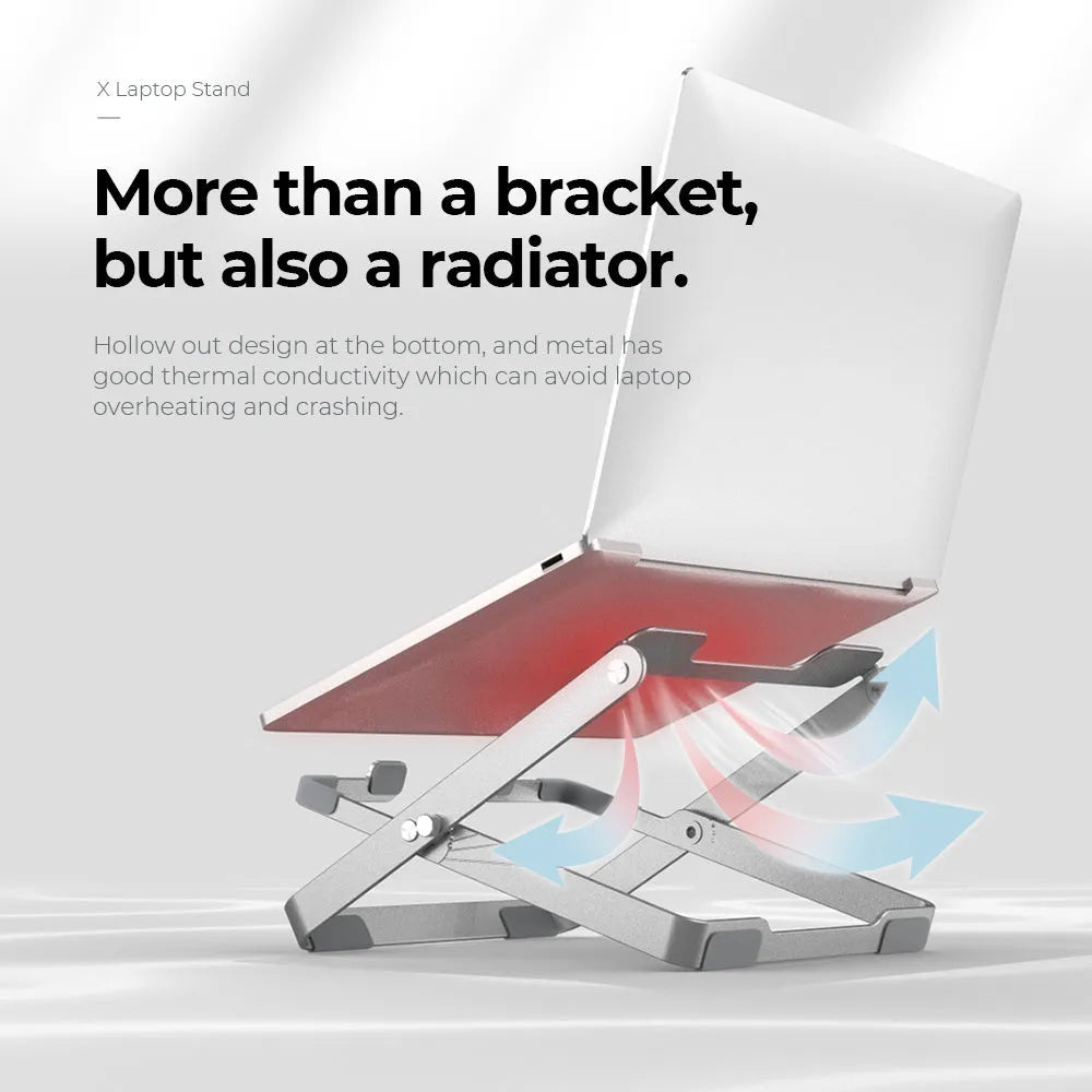 Folding silver grey aluminium laptop stand with silicone pads in expanded position showing heat dissipation design