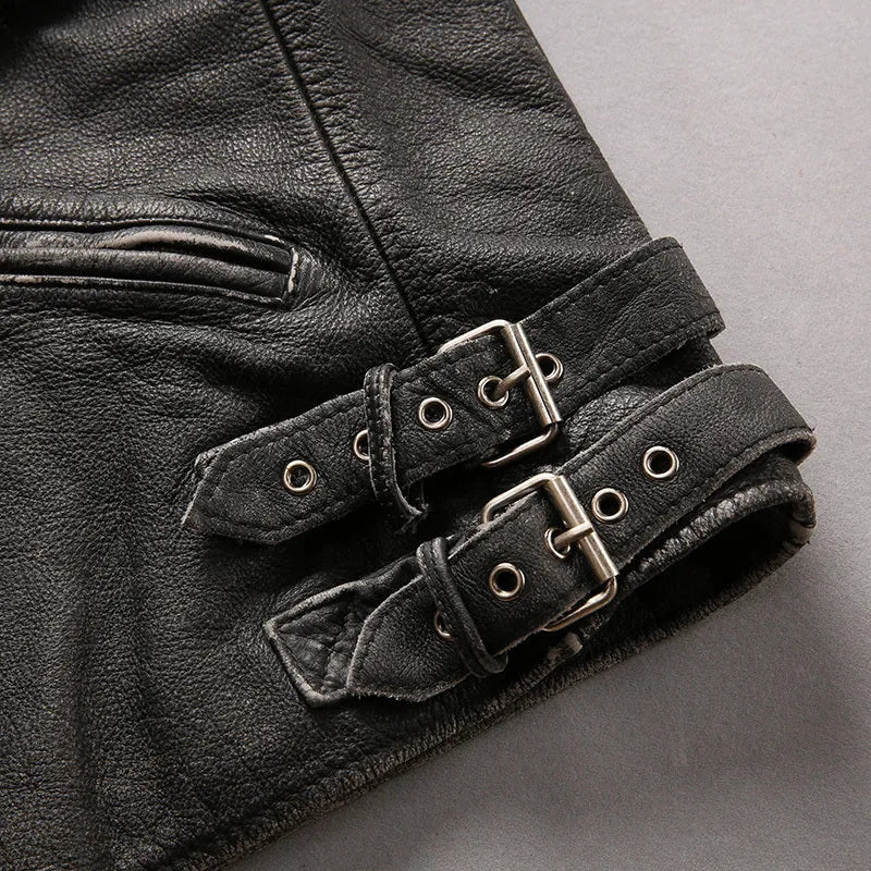 Men's distressed stand collar cropped slim leather jacket in black top layer cowhide seen from front