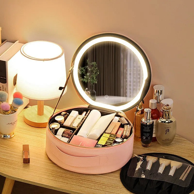 Round cherry blossom pink PU leather makeup bag with built-in LED mirror and internal partitions.