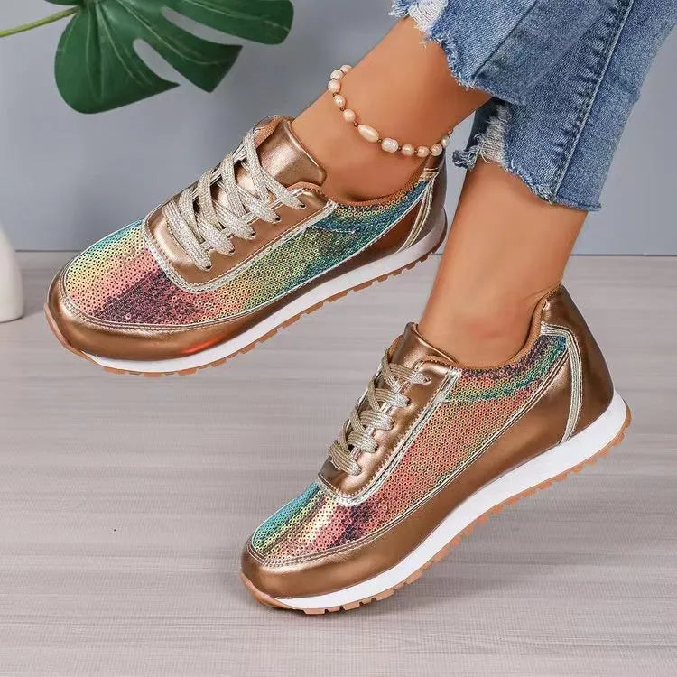 Women's thick-soled casual sneakers in PU leather with square toe design in black, silver, and champagne colours