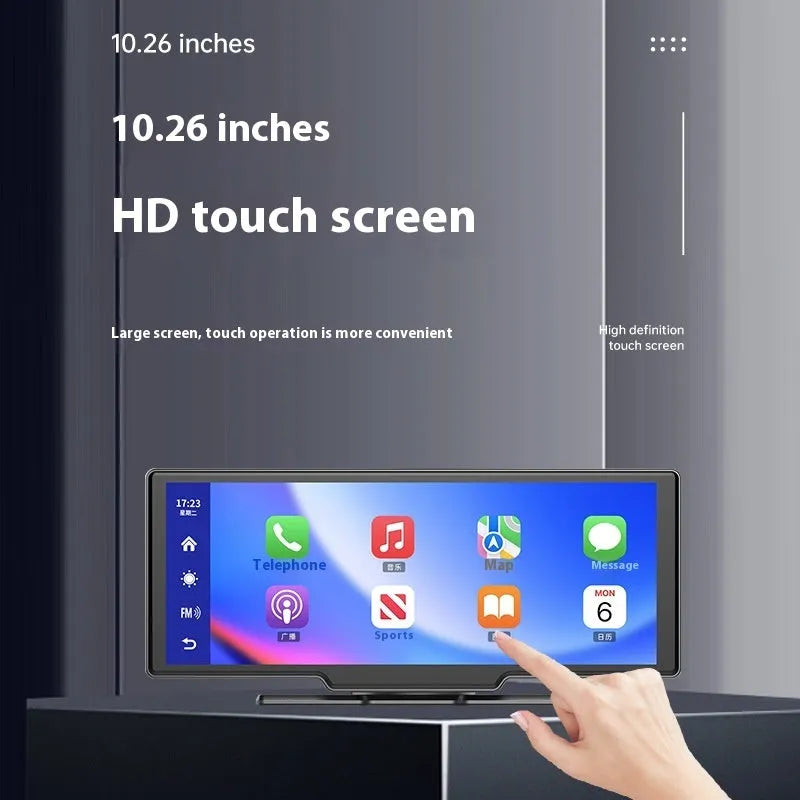10-inch car touchscreen display showing Apple CarPlay maps interface and dashboard mounting