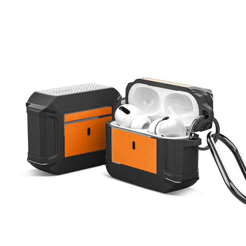 AirPods protective case in TPA leather-texture armour with buckle, shown in black and blue base colour options