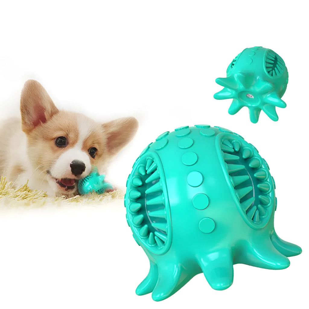 Small octopus dog chew toy in blue, green, pink, or yellow with sound for teeth cleaning and play.