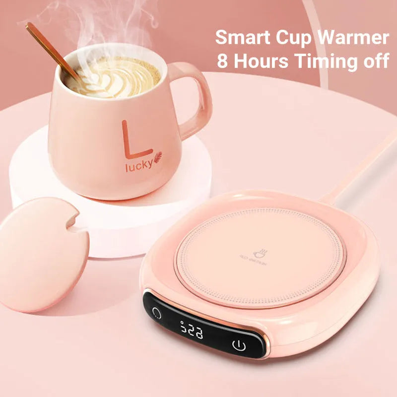 White USB coffee mug warmer heating pad on a wooden desk