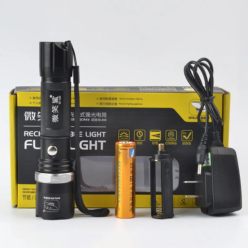 Rechargeable LED flashlight with aluminium alloy body, black colour, 5W LED light