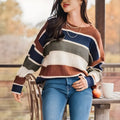 Brown contrast colour knitted sweater female loose fit long sleeve pullover top