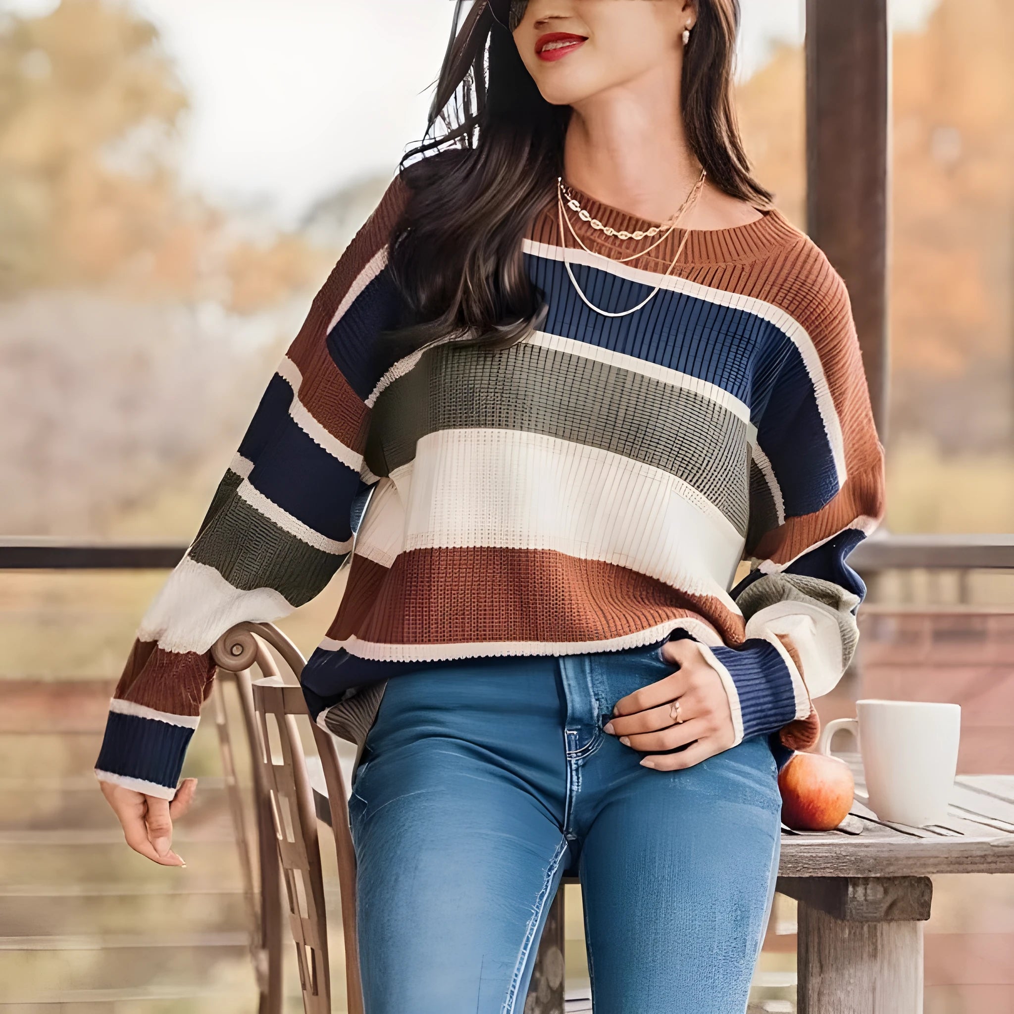 Brown contrast colour knitted sweater female loose fit long sleeve pullover top
