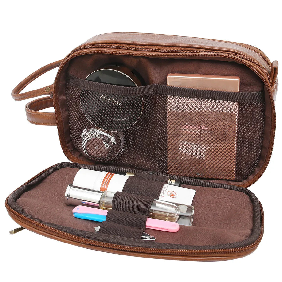 Men's solid-colour black PU toiletry bag for travel storage.