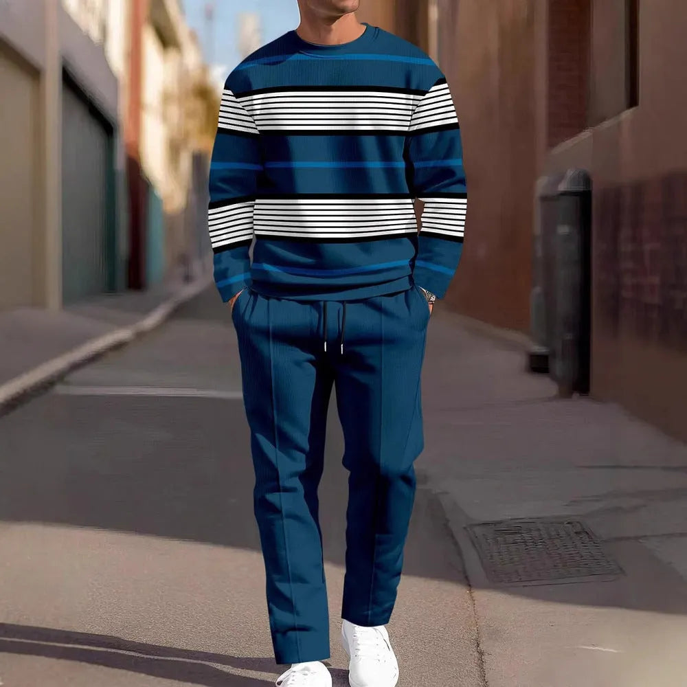 Men's casual sporty two-piece set with long-sleeve round-neck sweatshirt and long pants in blended fibre, sizes S-5XL