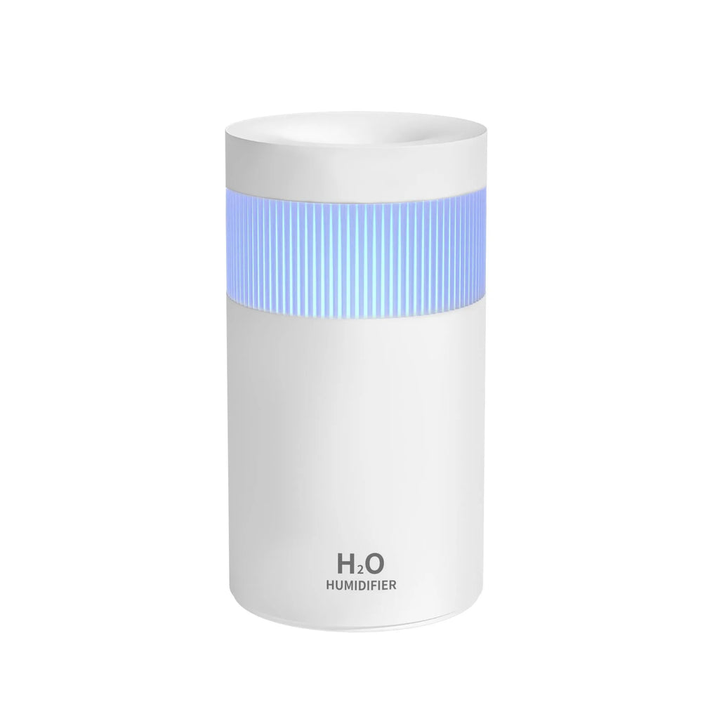 Mini desktop USB humidifier in grey with 300ml tank, spray nozzle, and seven-colour night light