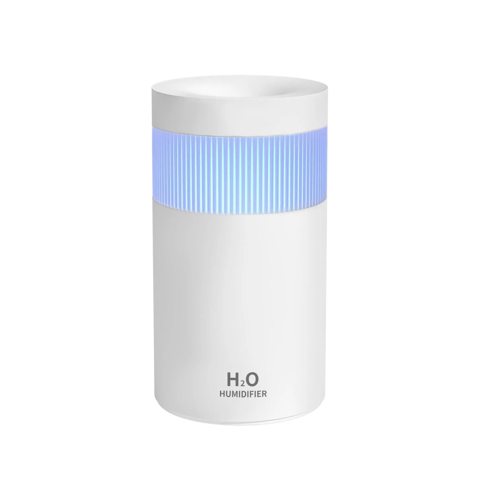 Mini desktop USB humidifier in grey with 300ml tank, spray nozzle, and seven-colour night light
