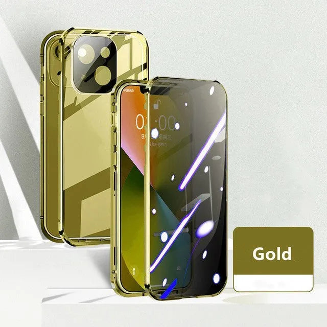 Anti-privacy magneto phone case for iPhone 15 Plus, metal and glass construction, solid colour, magnetic closure
