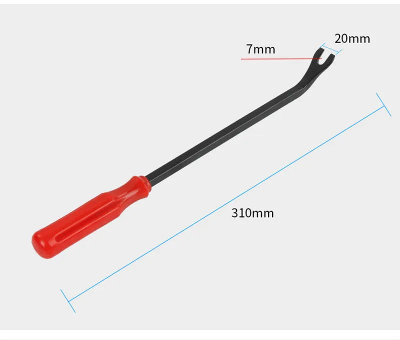 Red-handled steel automotive door panel clip driver tool for General Motors vehicles.